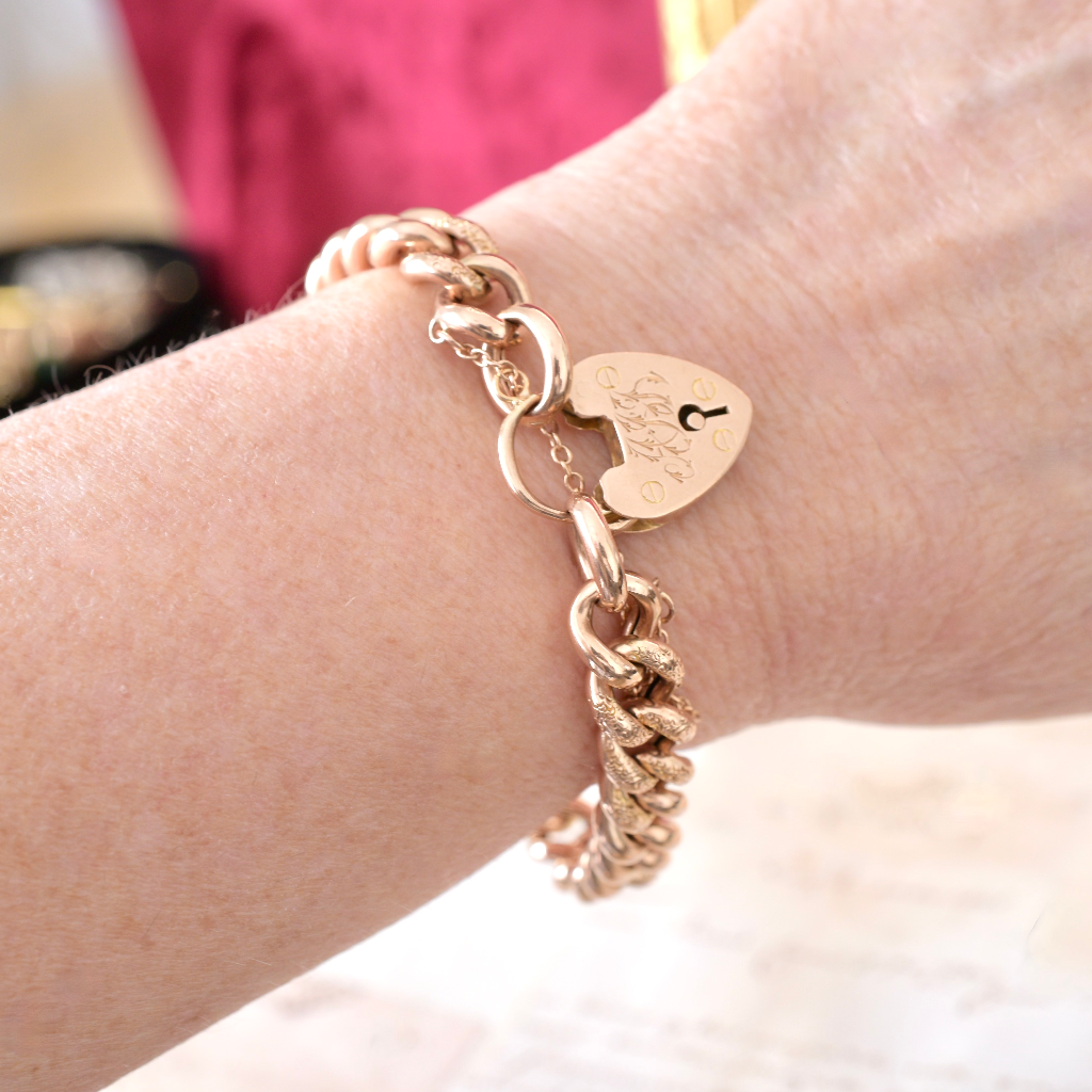 Antique 9ct Rose Gold ‘Day And Night’ Heart Padlock Bracelet Circa 1900