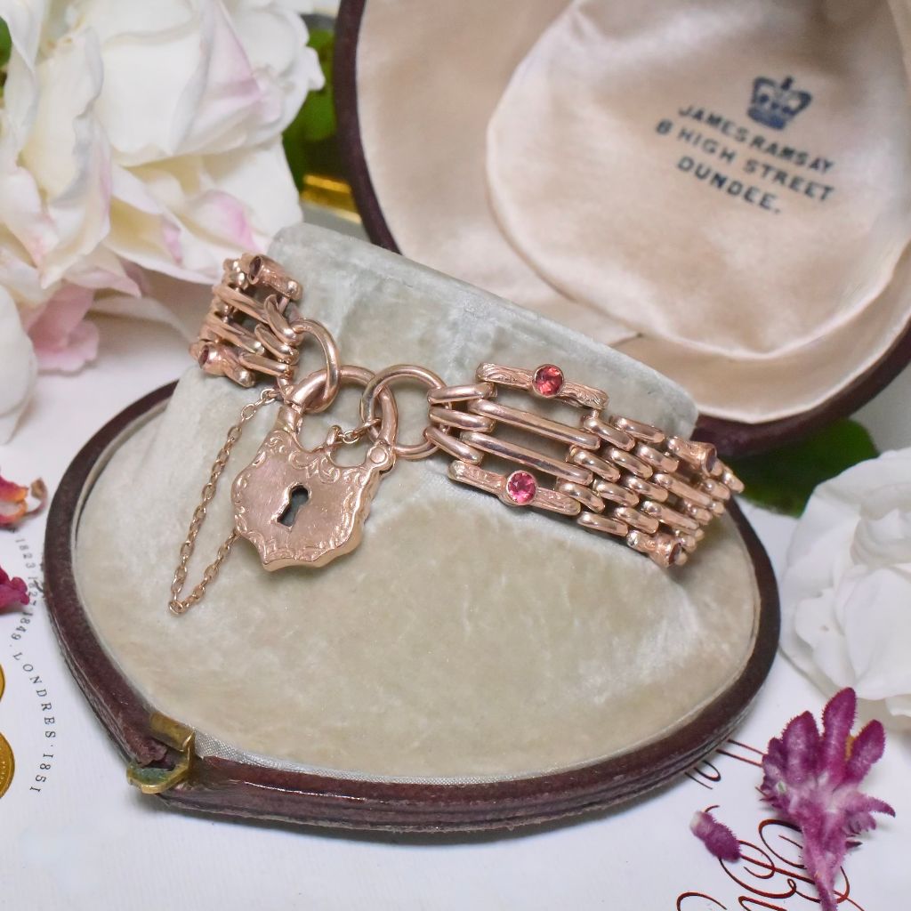 Superb Vintage 9ct Rose Gold And Garnet ‘Double-Sided / Day And Night’ Gatelink Padlock Bracelet - 40 Grams