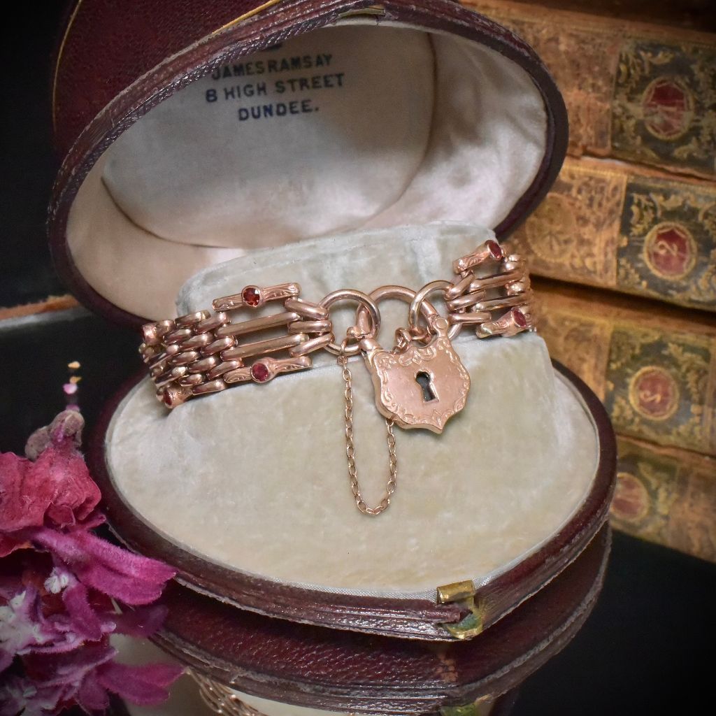 Superb Vintage 9ct Rose Gold And Garnet ‘Double-Sided / Day And Night’ Gatelink Padlock Bracelet - 40 Grams