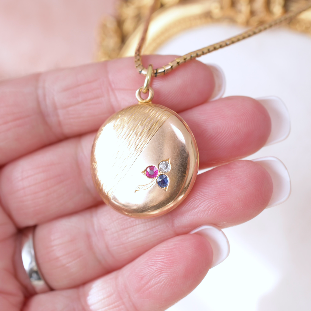 Antique Art Nouveau 15ct Gold Diamond Ruby Sapphire Locket Circa 1890-1910-15