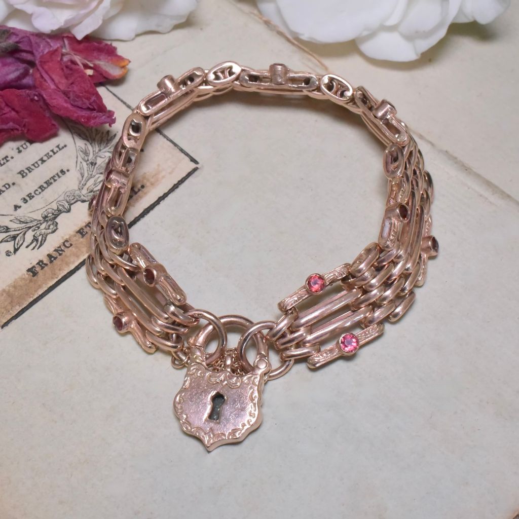 Superb Vintage 9ct Rose Gold And Garnet ‘Double-Sided / Day And Night’ Gatelink Padlock Bracelet - 40 Grams