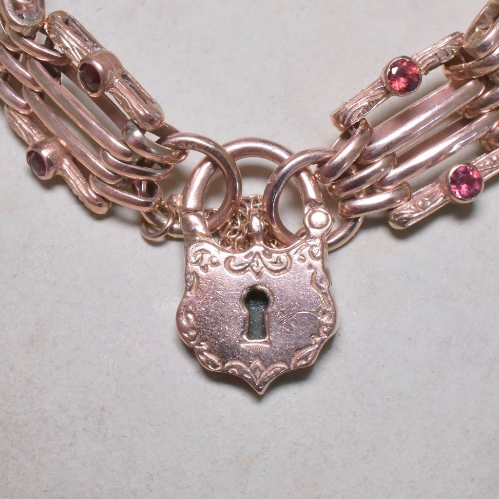 Superb Vintage 9ct Rose Gold And Garnet ‘Double-Sided / Day And Night’ Gatelink Padlock Bracelet - 40 Grams