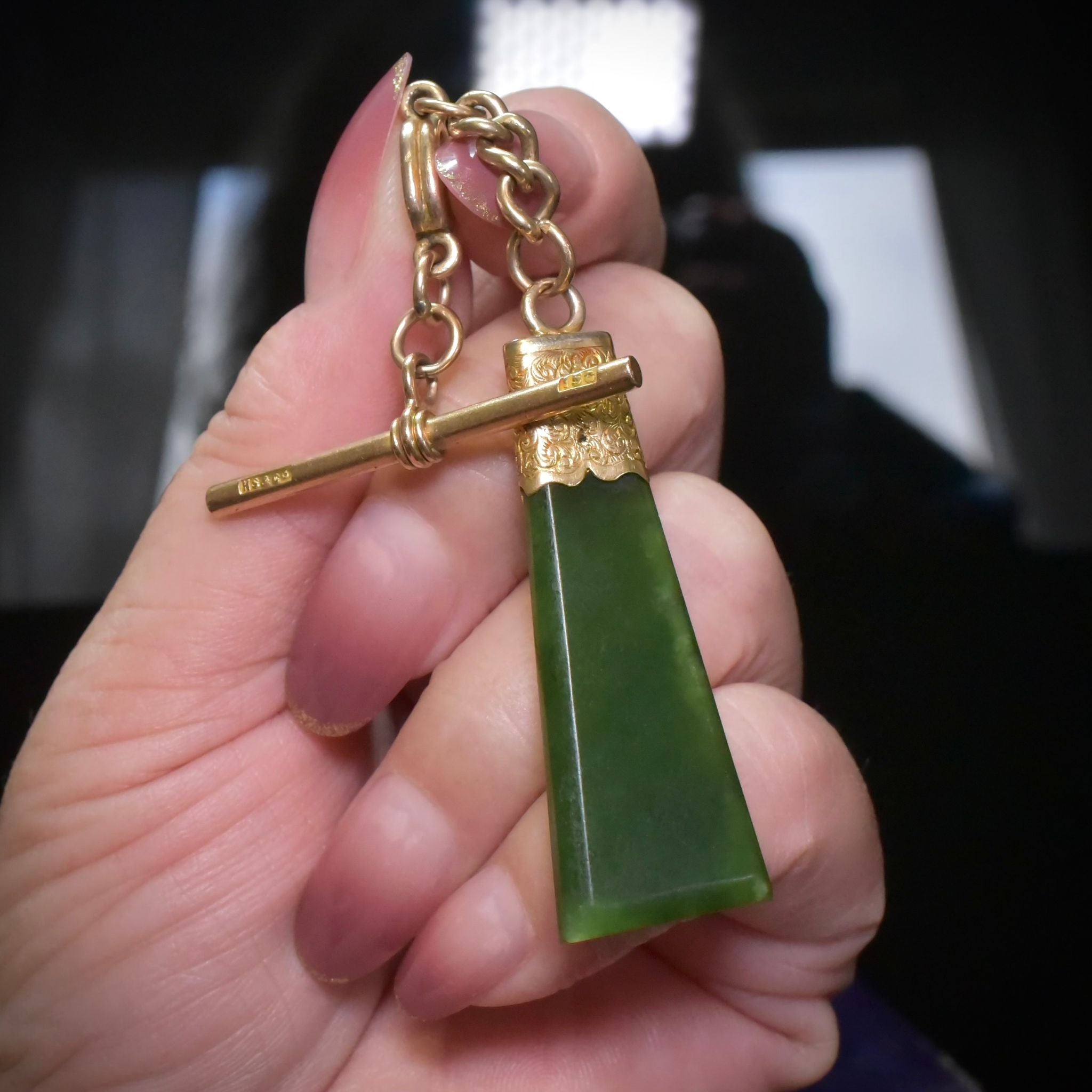Antique Edwardian 15ct Rose Gold And Nephrite Jade Sliding Watch Fob Pendant Circa 1910