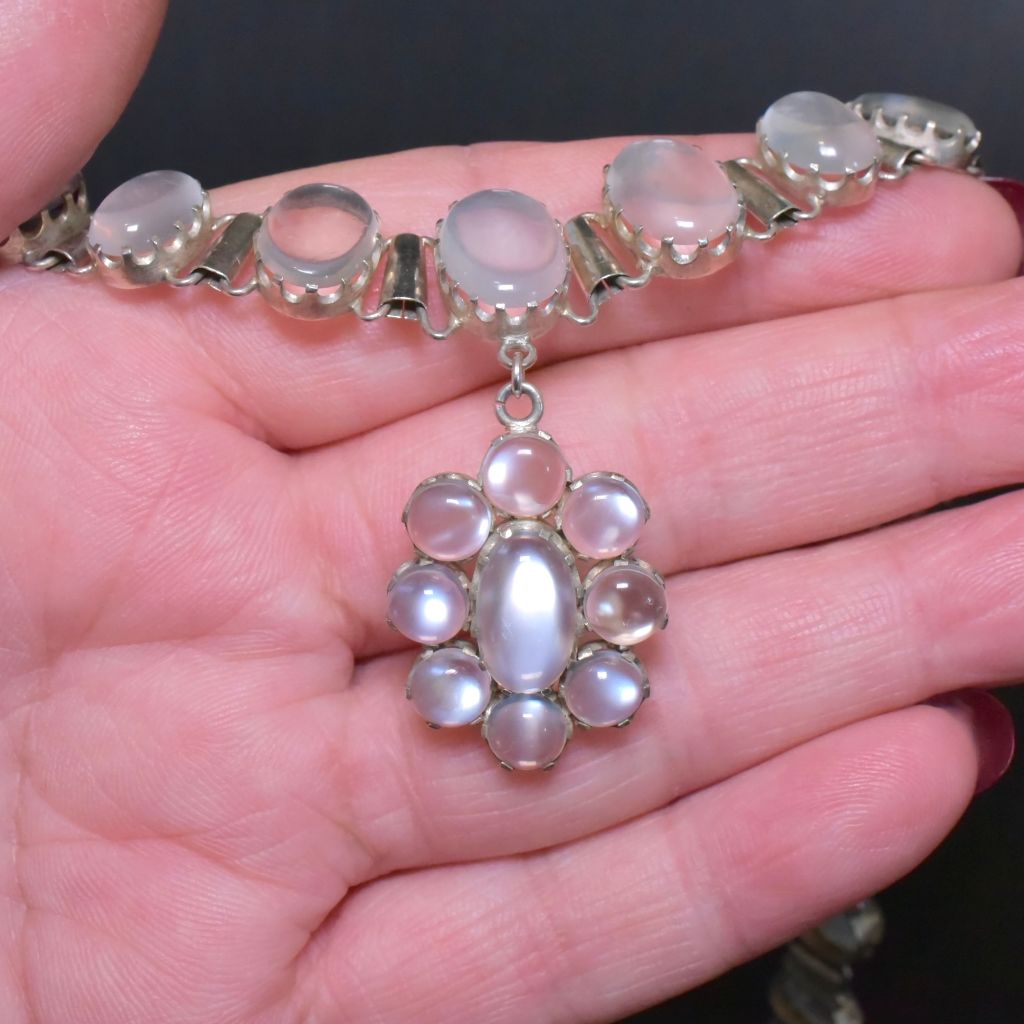 Antique Edwardian to Early Art Deco Era Silver And Moonstone Pendant Necklace - 50.00ct