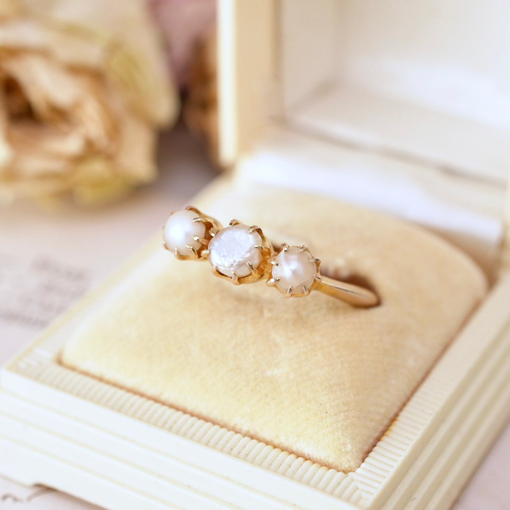 Antique 15ct Yellow Gold Freshwater Pearl Trilogy Ring Circa 1920’s