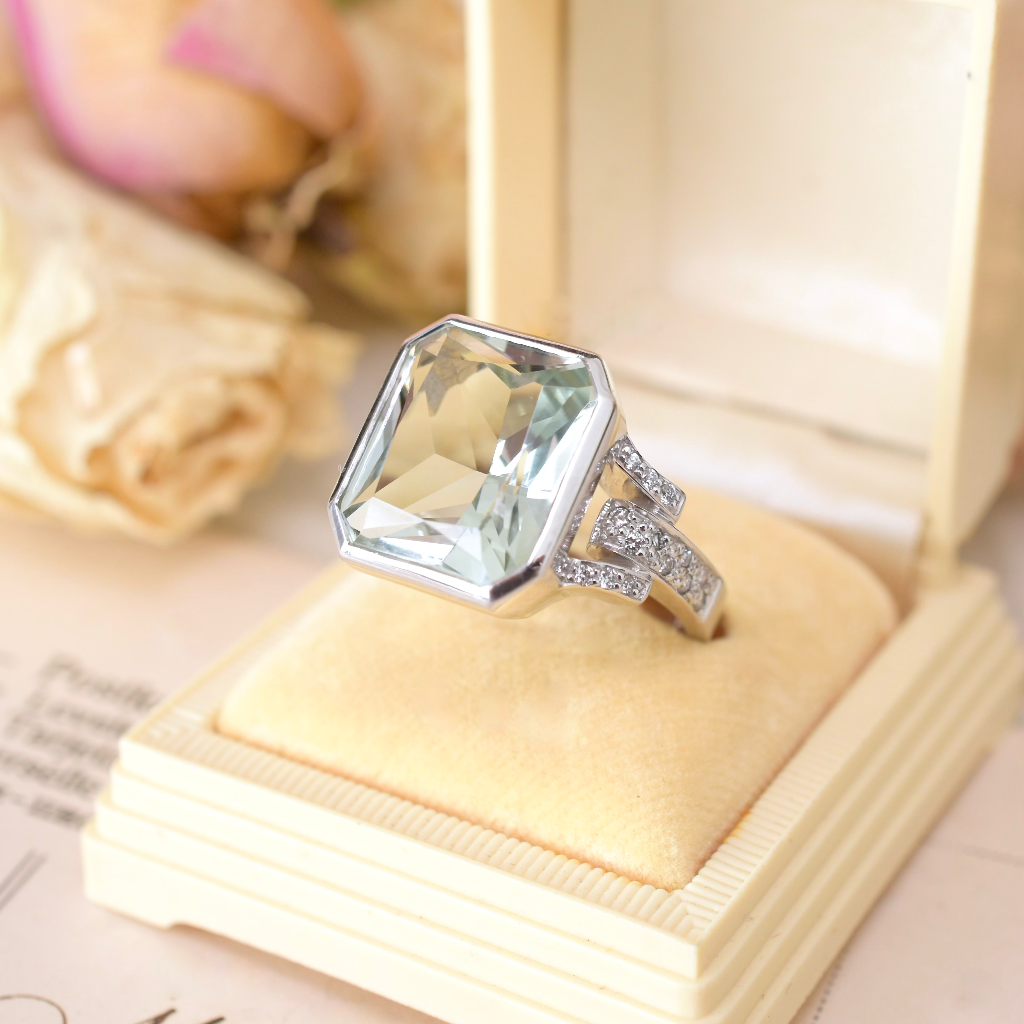 Modern 9ct White Gold Emerald-Cut Prasiolite And Diamond Ring