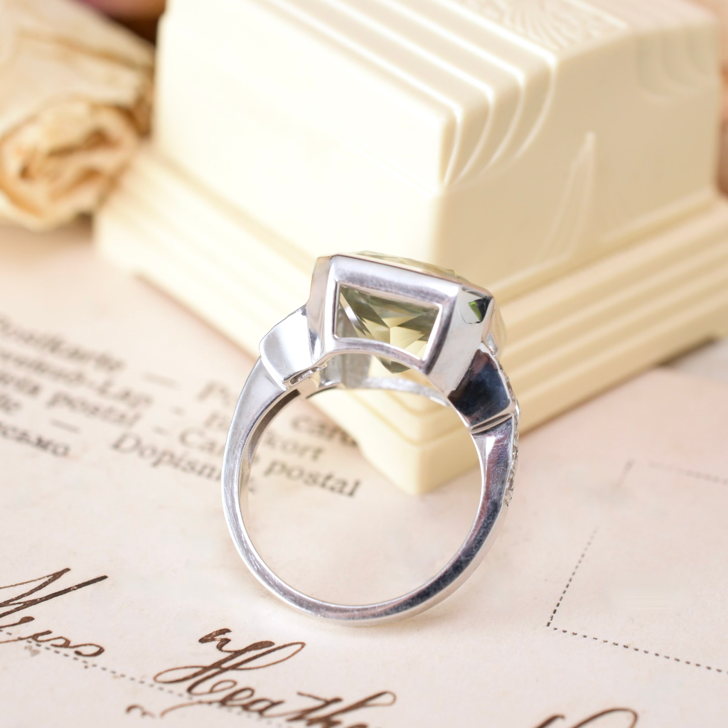 Modern 9ct White Gold Emerald-Cut Prasiolite And Diamond Ring
