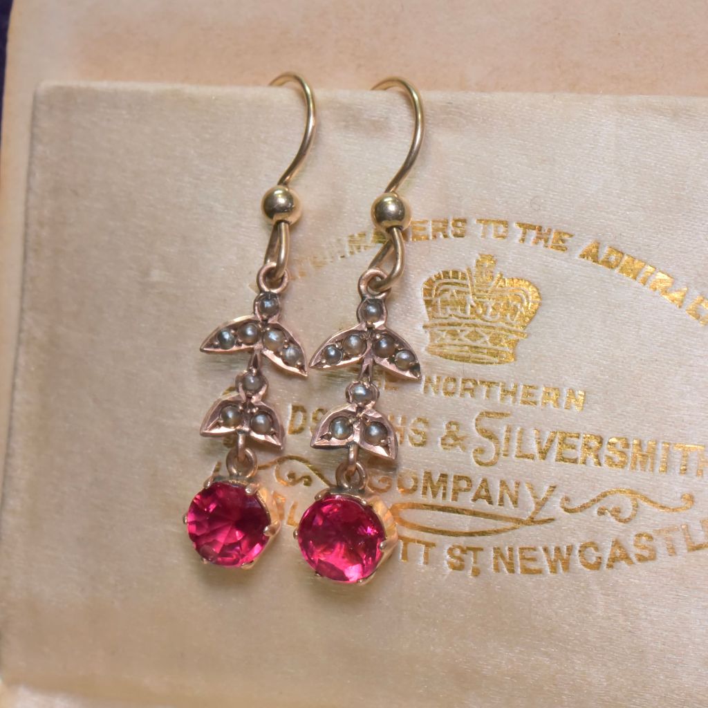 Antique Edwardian Rose Gold Seed Pearl And Red Paste Earrings Circa 1915