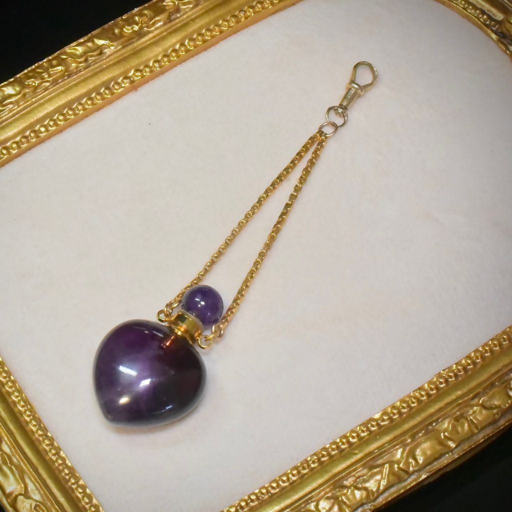 Vintage Carved ‘Heart’ Natural Amethyst Scent Bottle With Chain And Dog Clip