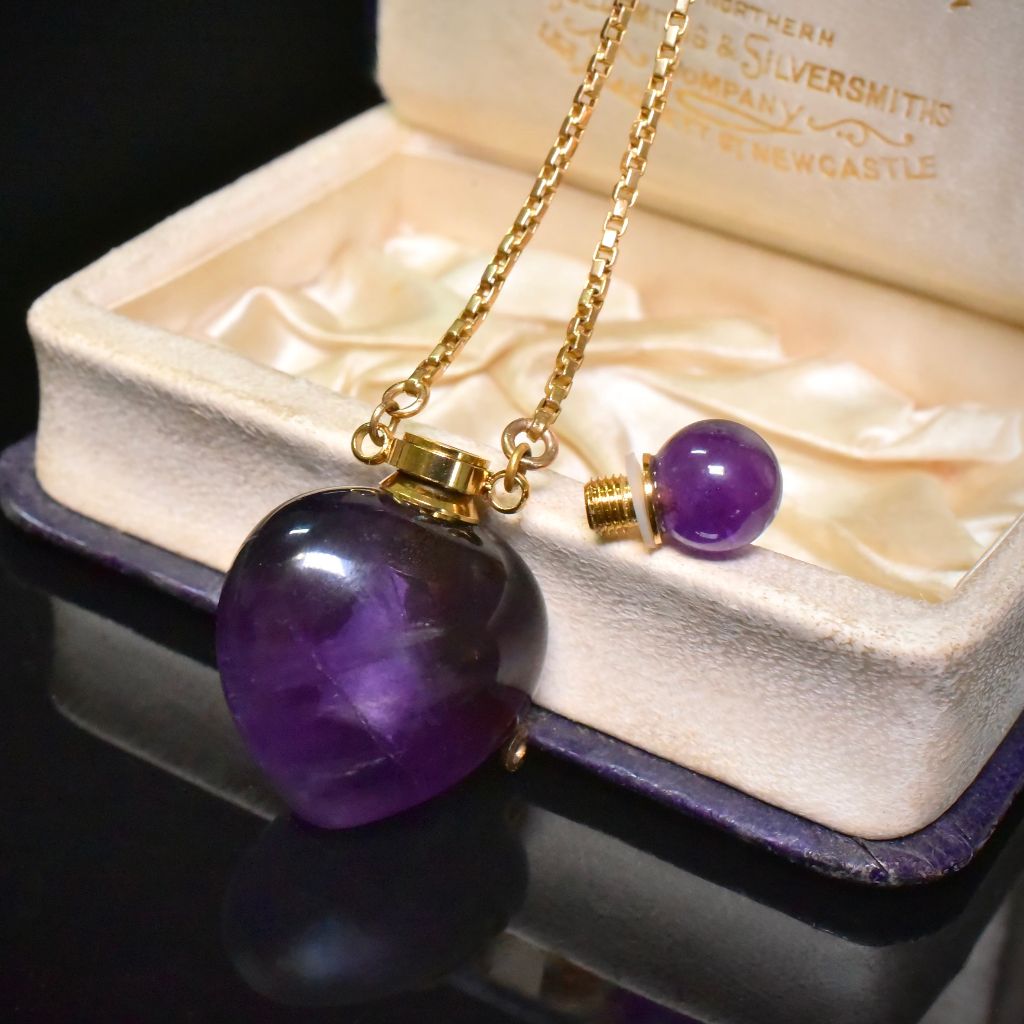 Vintage Carved ‘Heart’ Natural Amethyst Scent Bottle With Chain And Dog Clip