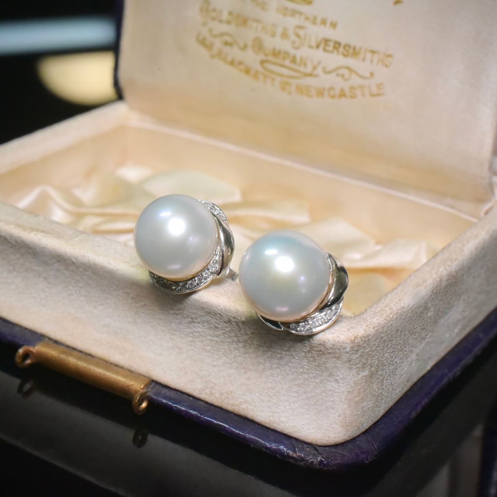 Contemporary 14ct White Gold Pearl And Diamond Earrings
