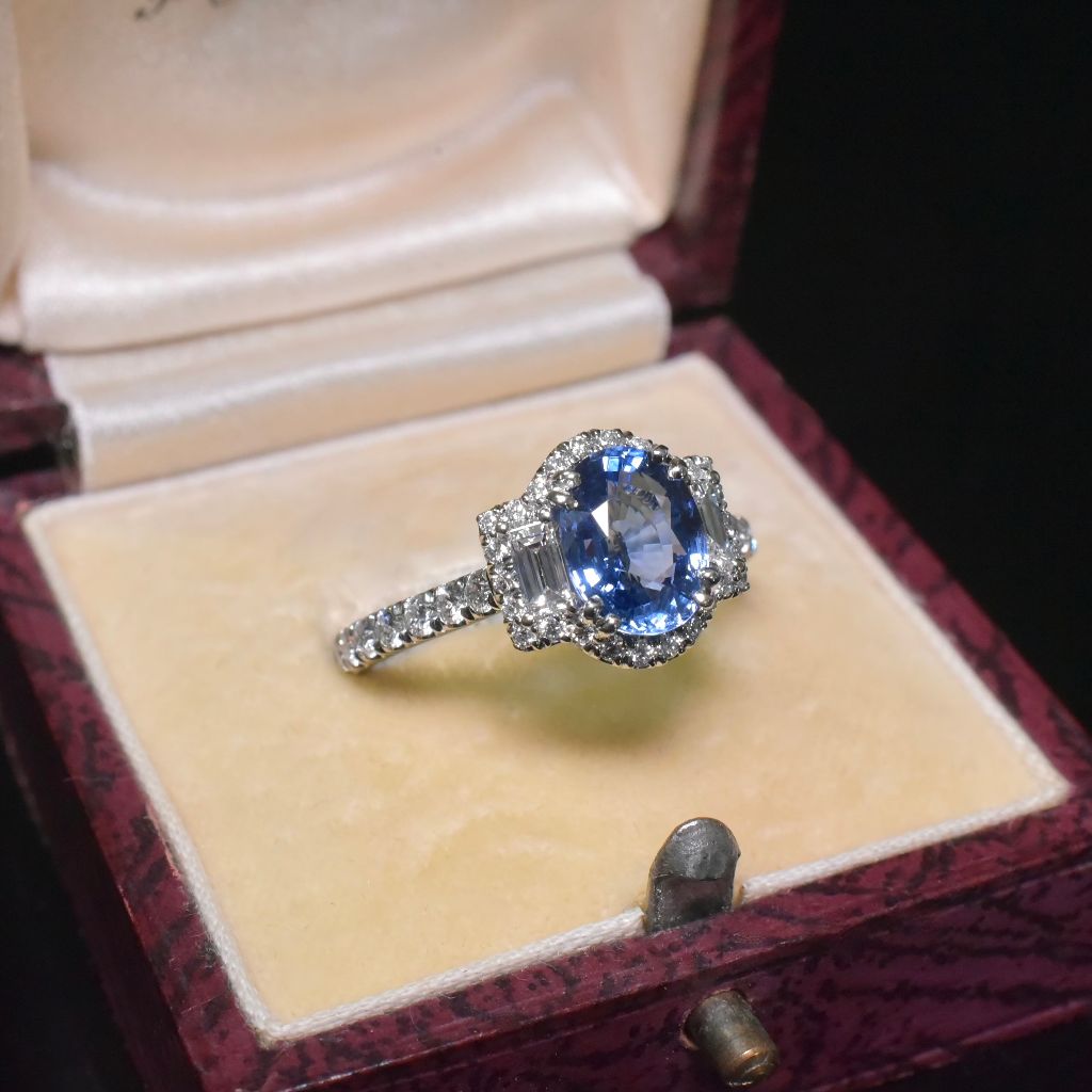 Superb Australian Platinum And Natural Ceylon Sapphire Diamond Ring RRP $8,150 AUD By Paul Bram, Melbourne