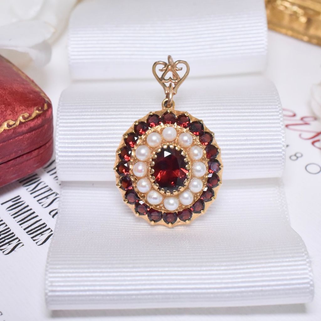 Vintage 9ct Yellow Gold Garnet And Pearl Pendant