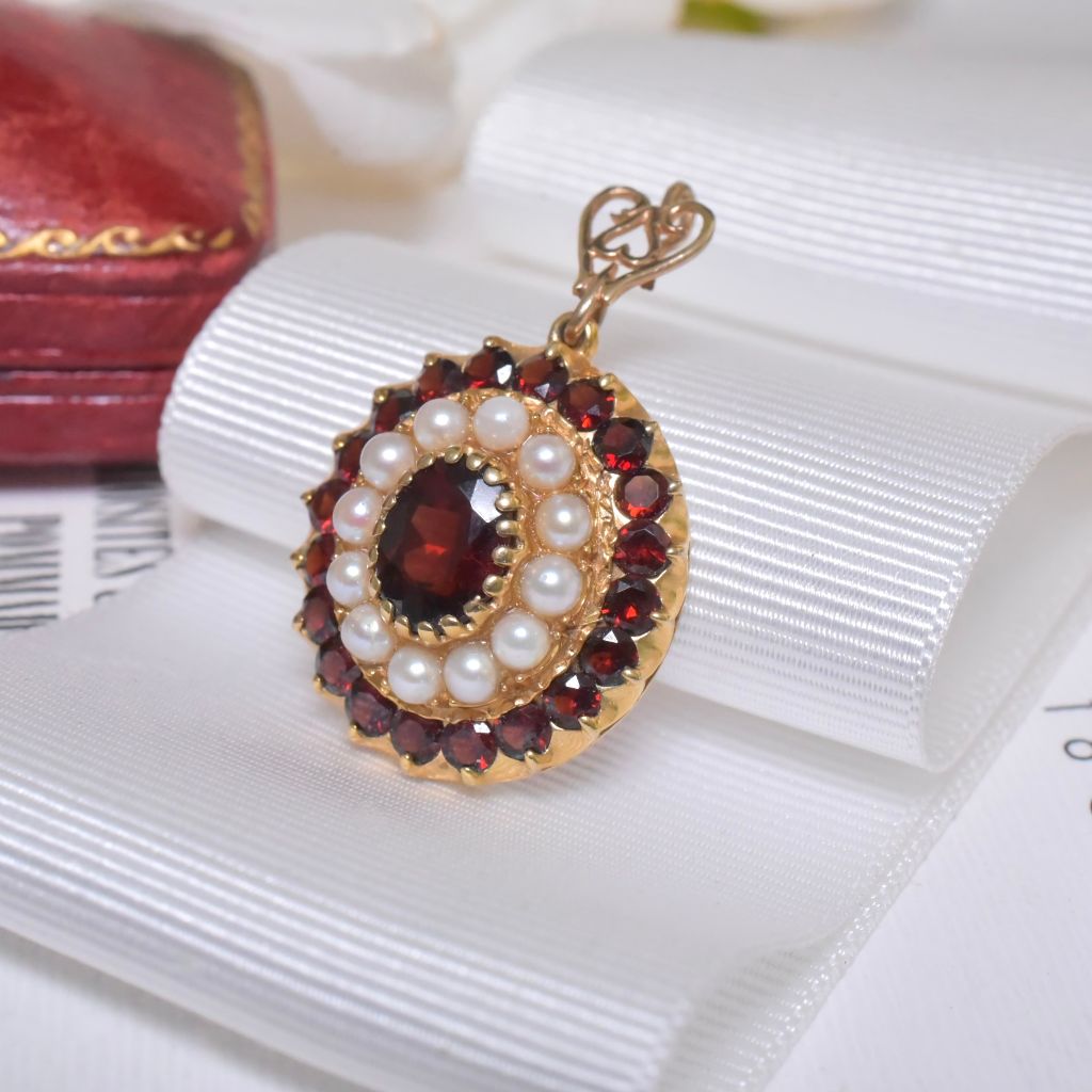 Vintage 9ct Yellow Gold Garnet And Pearl Pendant