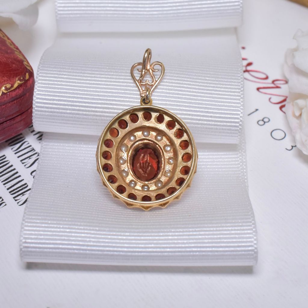 Vintage 9ct Yellow Gold Garnet And Pearl Pendant