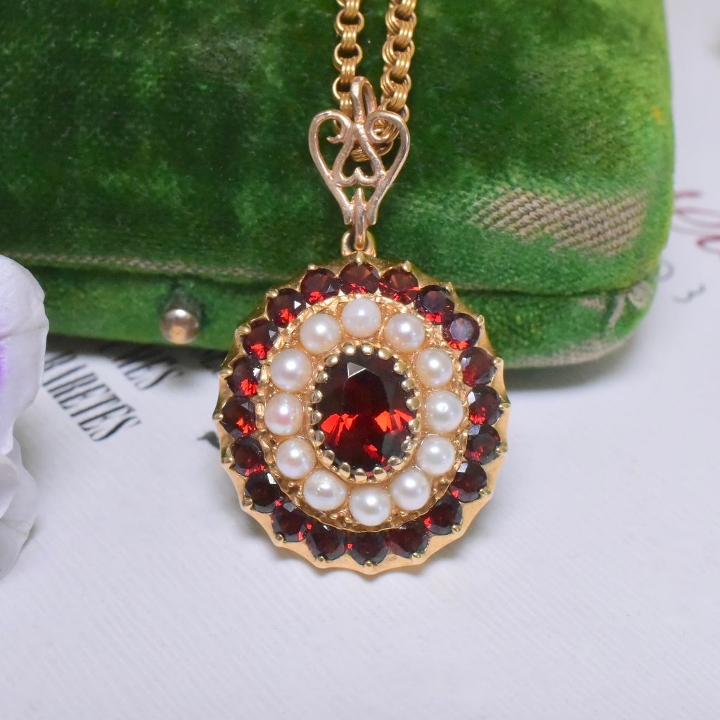 Vintage 9ct Yellow Gold Garnet And Pearl Pendant