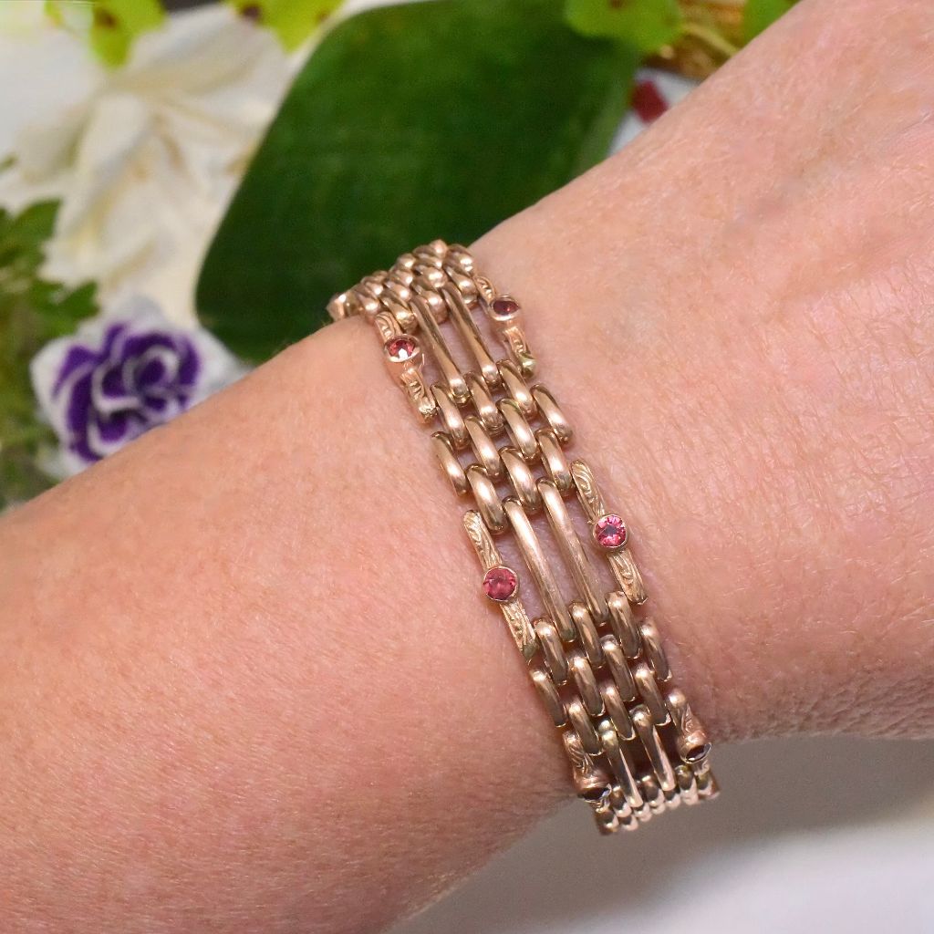 Superb Vintage 9ct Rose Gold And Garnet ‘Double-Sided / Day And Night’ Gatelink Padlock Bracelet - 40 Grams