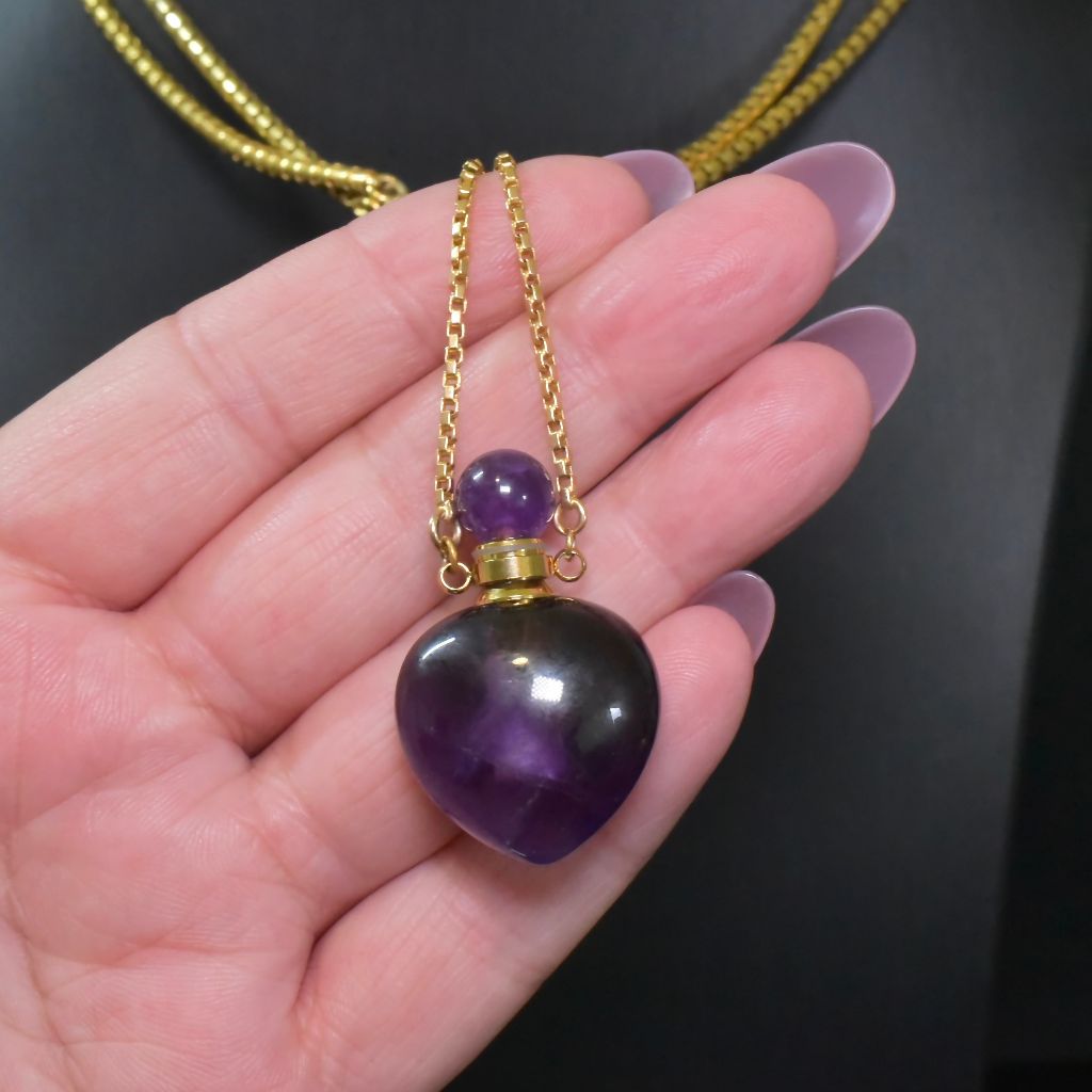 Vintage Carved ‘Heart’ Natural Amethyst Scent Bottle With Chain And Dog Clip
