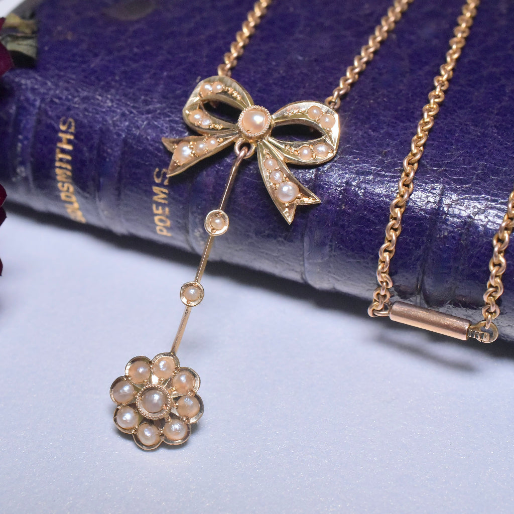 Antique Australian 15ct Yellow Gold Half Seed Pearl Necklace By William Drummond And Co. Circa 1900-1910