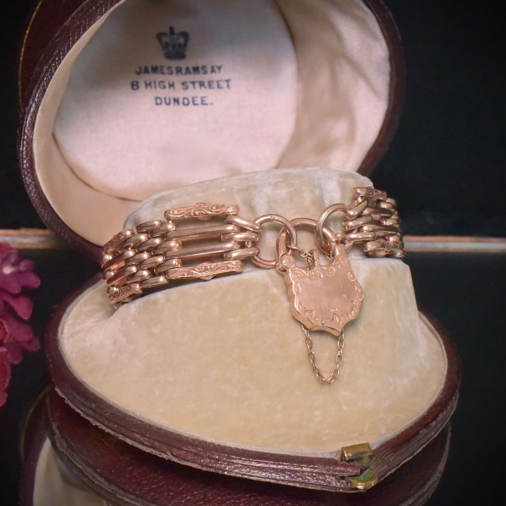 Superb Vintage 9ct Rose Gold And Garnet ‘Double-Sided / Day And Night’ Gatelink Padlock Bracelet - 40 Grams