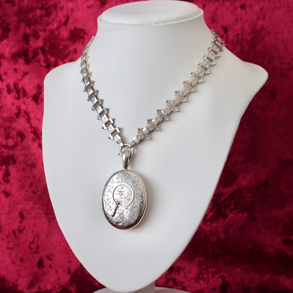 Antique Victorian ‘Japonesque’ Design Sterling Silver Locket And Book Chain Collar Circa 1890