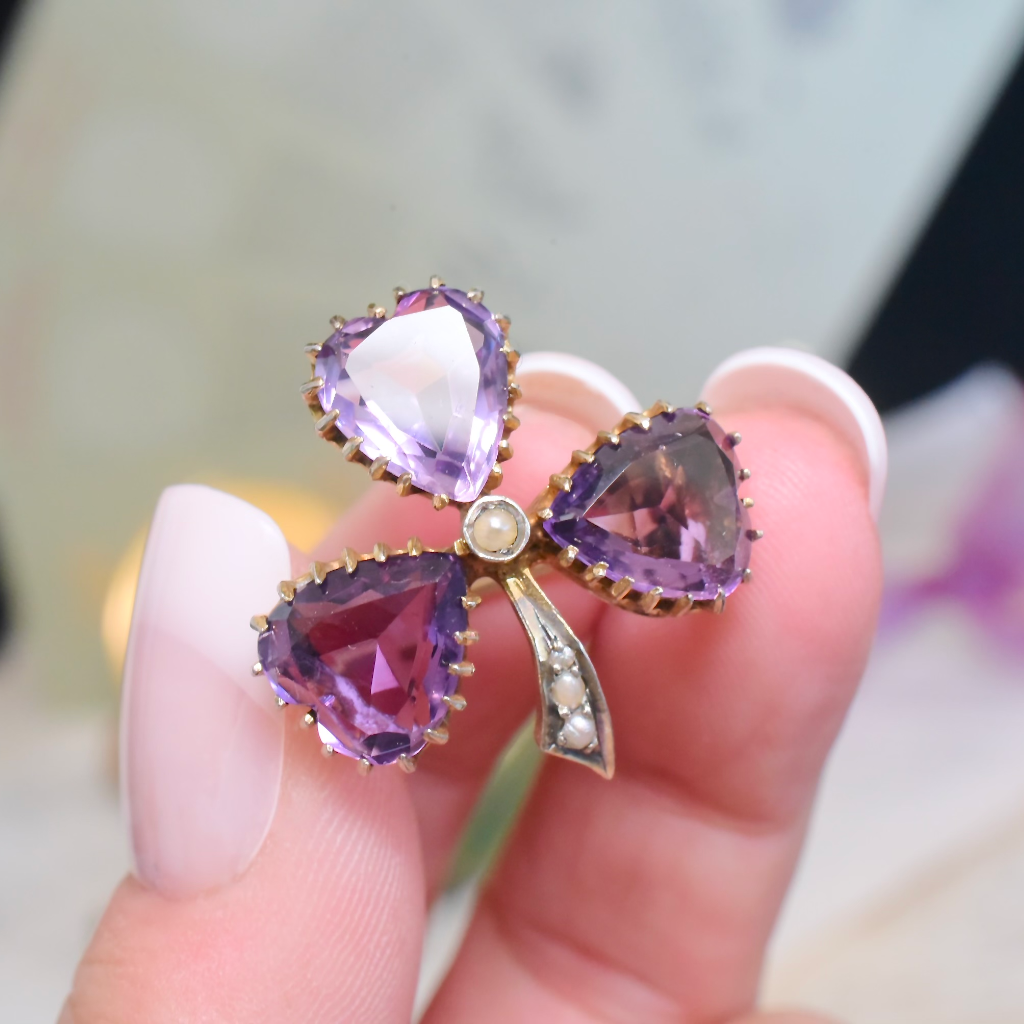 Antique Victorian Austro Hungarian Silver, Gold Plated, Heart-Cut Amethyst ‘Clover’ Brooch