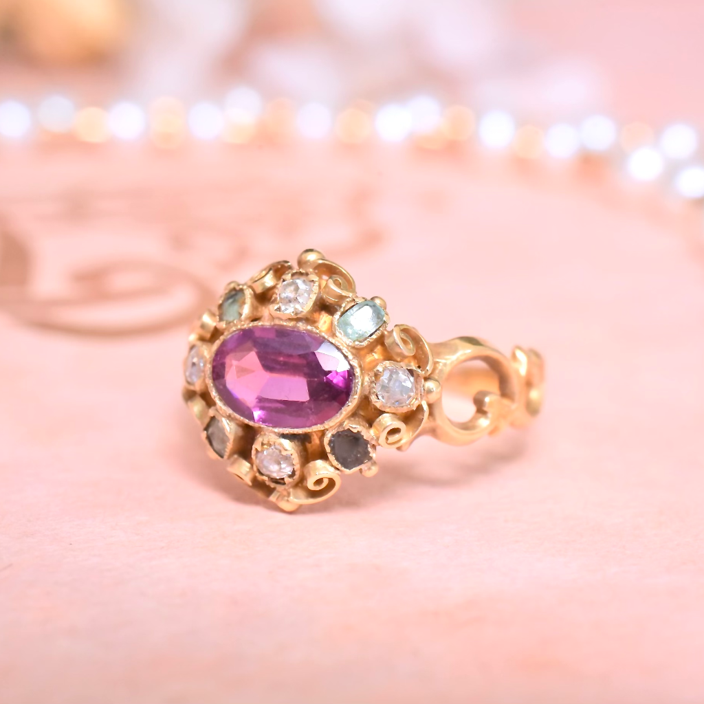 Antique Early Victorian 15ct Gold Garnet, Emerald, And Diamond Ring Circa 1845-1855