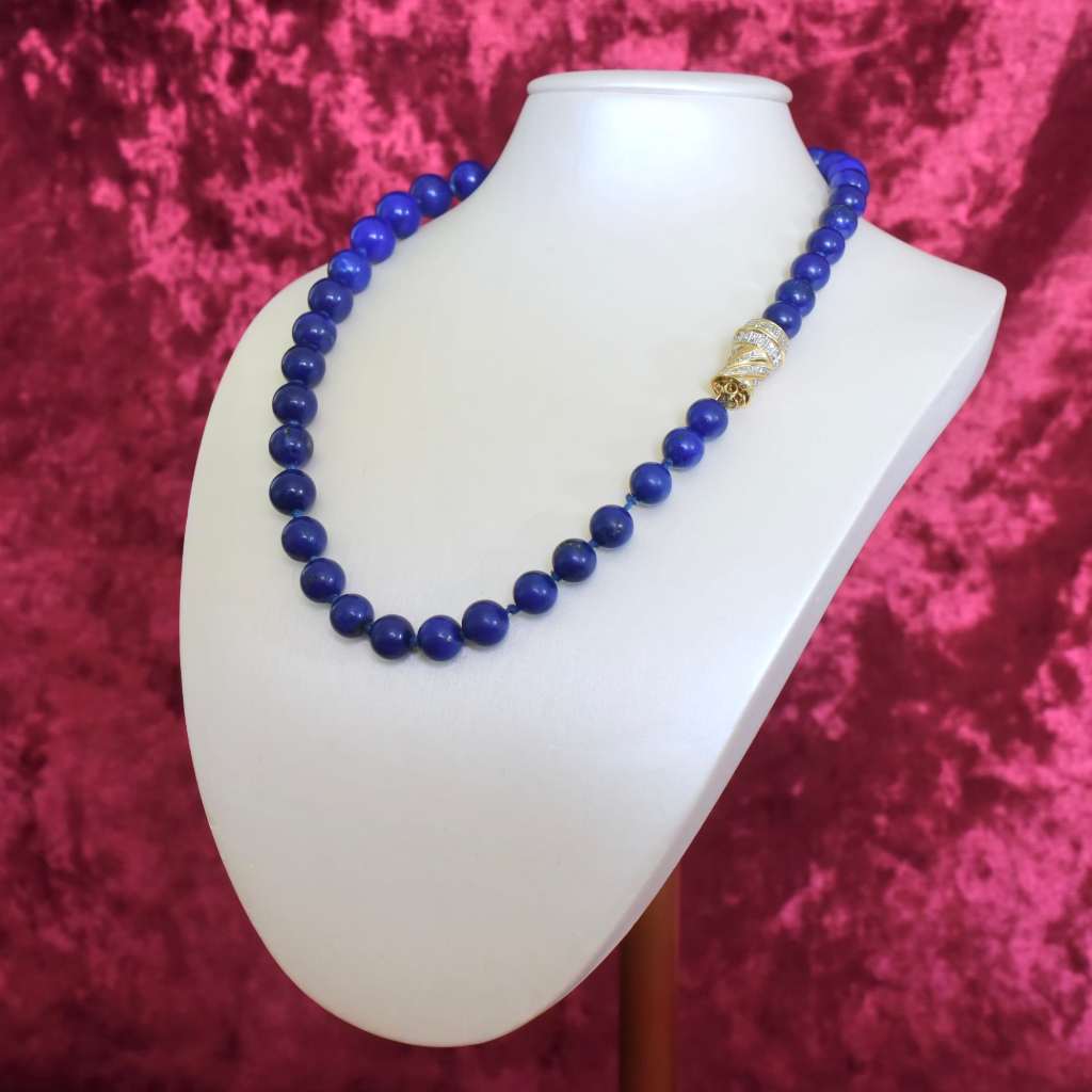 Estate 14ct Gold And Diamond Lapis Lazuli Bead Necklace