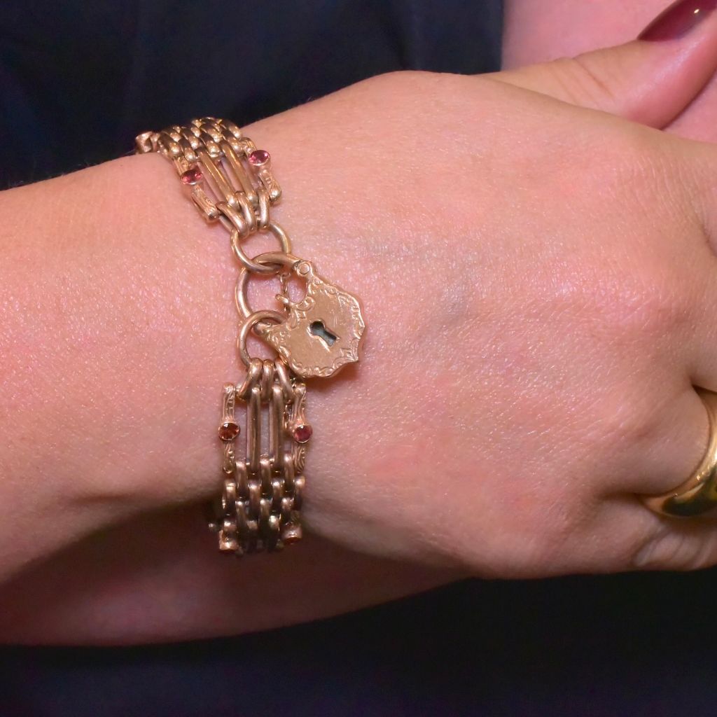 Superb Vintage 9ct Rose Gold And Garnet ‘Double-Sided / Day And Night’ Gatelink Padlock Bracelet - 40 Grams
