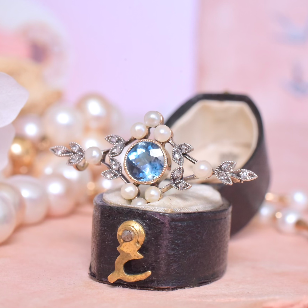 Antique Edwardian 15ct Yellow Gold Aquamarine Diamond Pearl Brooch Circa 1910-15