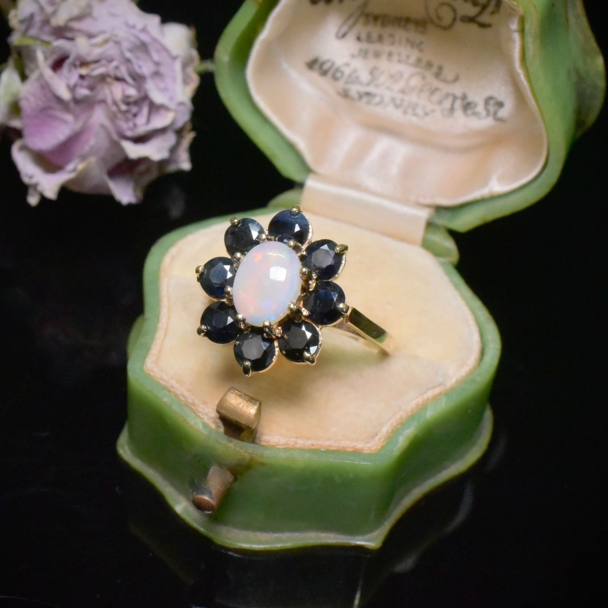 Vintage 9ct Yellow Gold Opal And Sapphire Ring - London 1978
