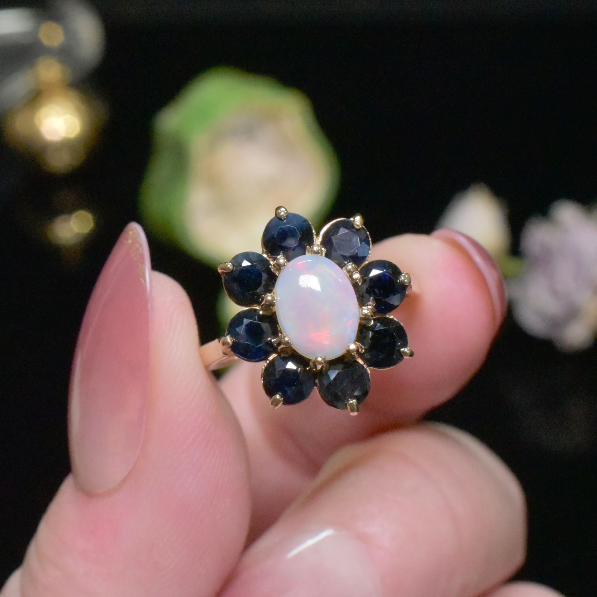 Vintage 9ct Yellow Gold Opal And Sapphire Ring - London 1978