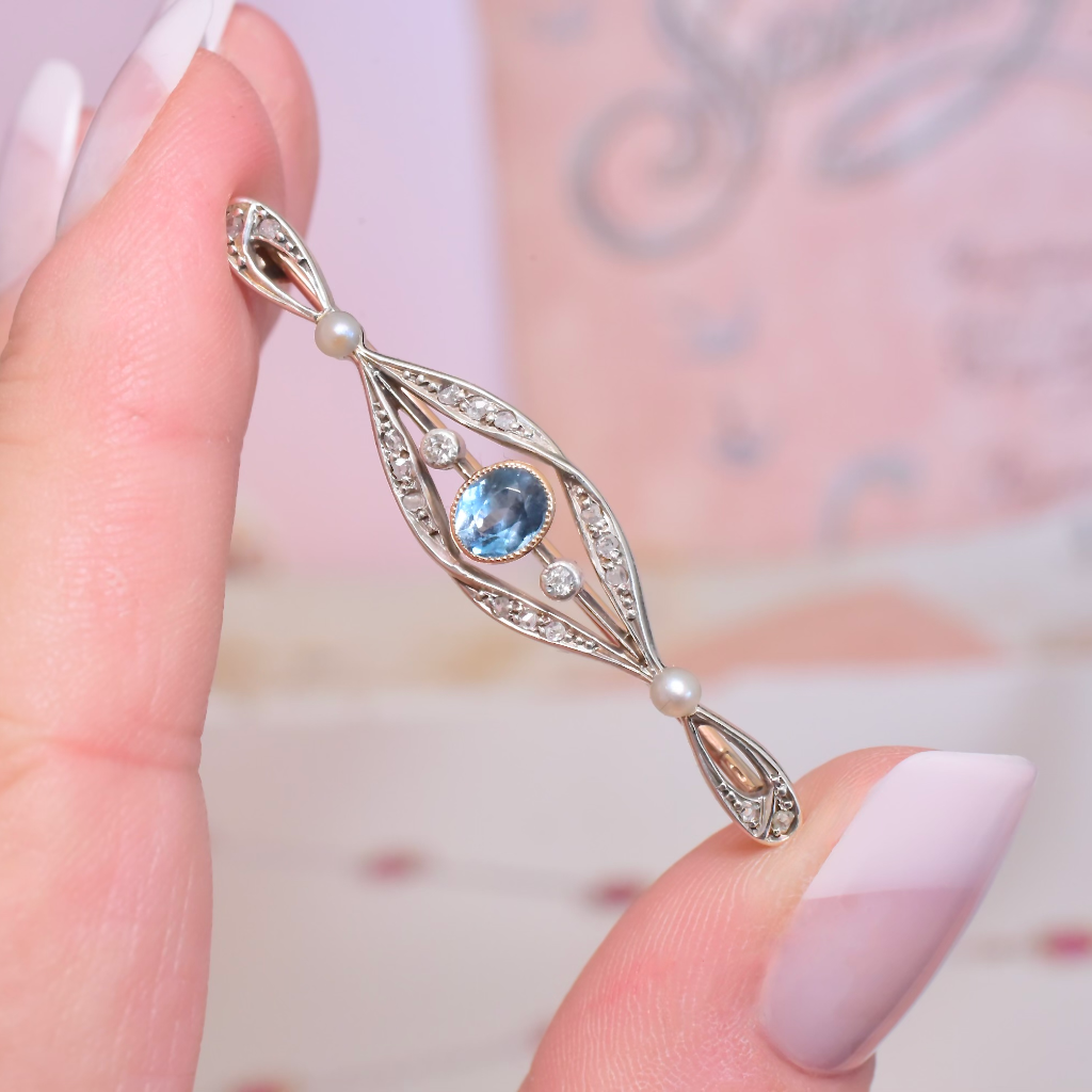 Antique 9ct Rose Gold Aquamarine Diamond And Pearl Bar Brooch Circa 1910-1920