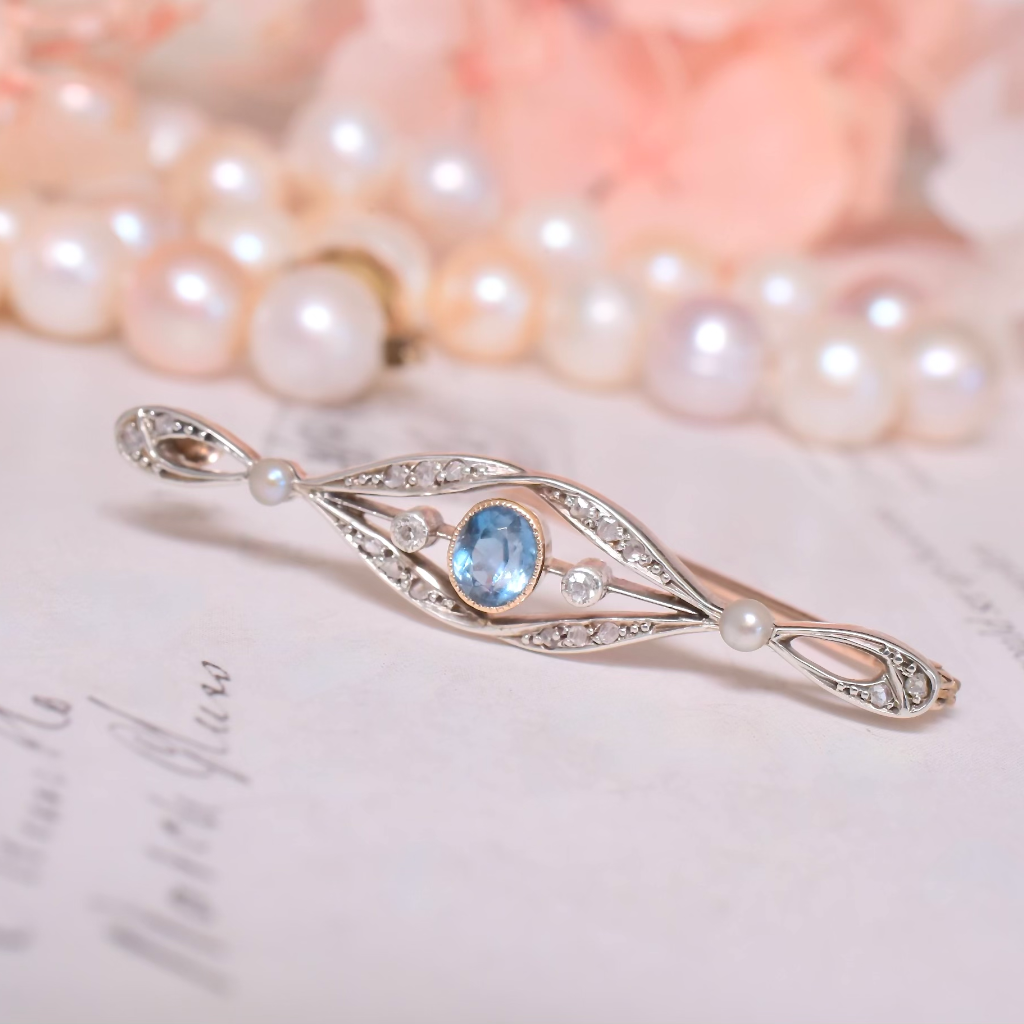 Antique 9ct Rose Gold Aquamarine Diamond And Pearl Bar Brooch Circa 1910-1920