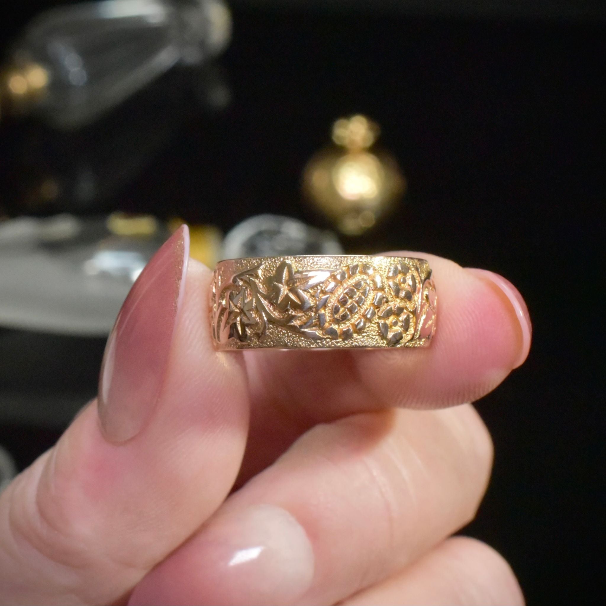 Stunning Antique Victorian/Edwardian 9ct Rose Gold Wide Floral Pattern Ring - Birmingham 1901