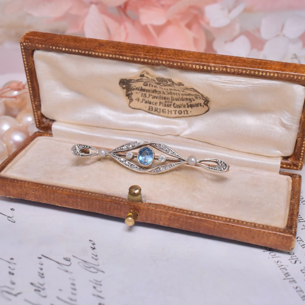 Antique 9ct Rose Gold Aquamarine Diamond And Pearl Bar Brooch Circa 1910-1920