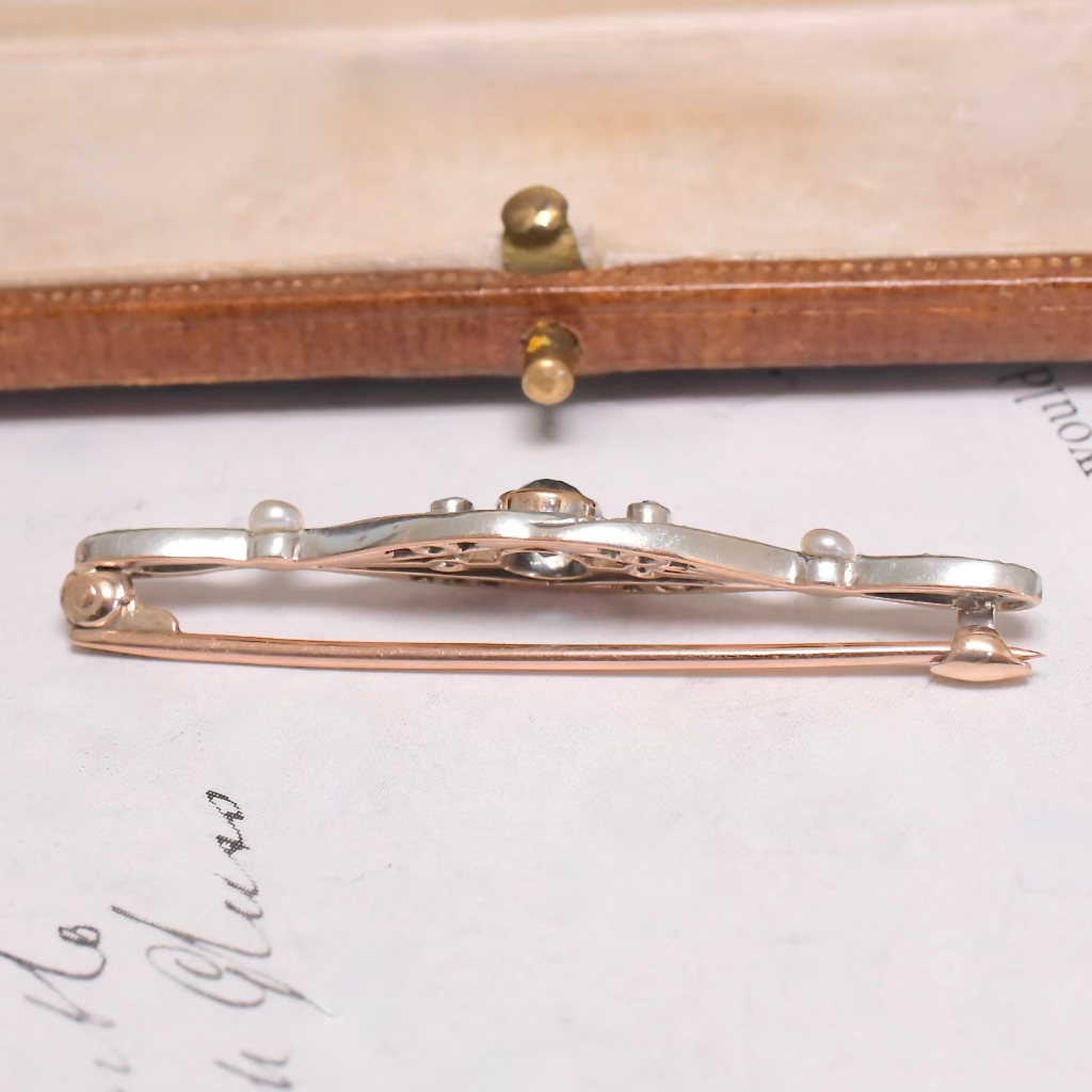 Antique 9ct Rose Gold Aquamarine Diamond And Pearl Bar Brooch Circa 1910-1920
