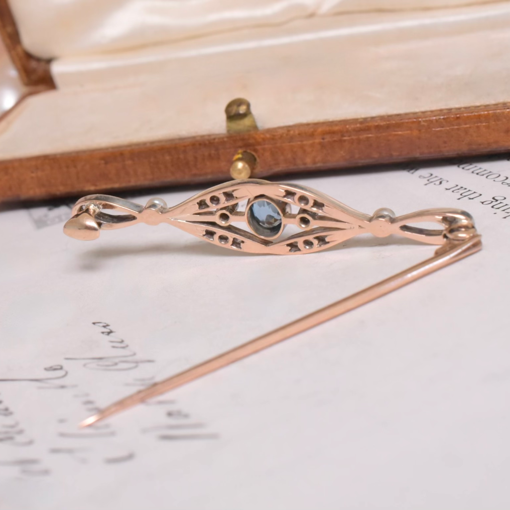 Antique 9ct Rose Gold Aquamarine Diamond And Pearl Bar Brooch Circa 1910-1920