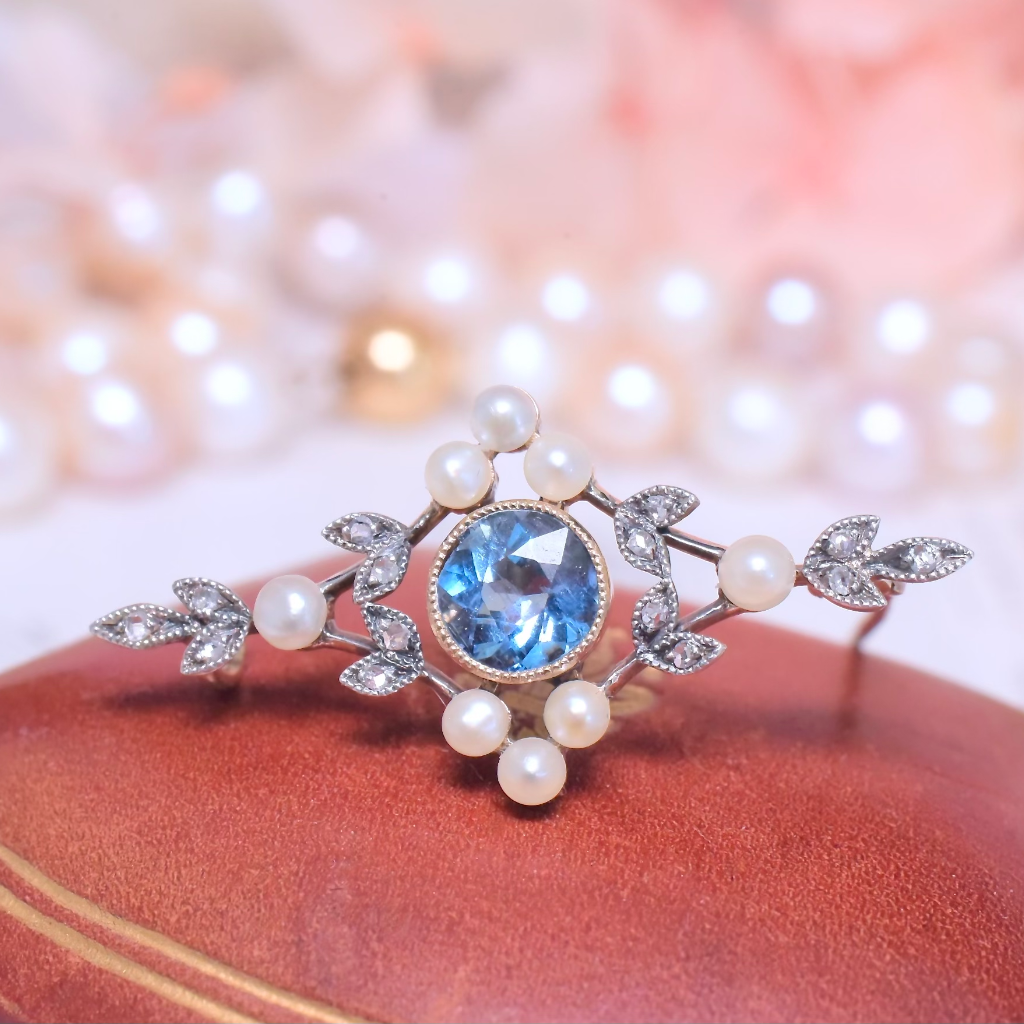 Antique Edwardian 15ct Yellow Gold Aquamarine Diamond Pearl Brooch Circa 1910-15