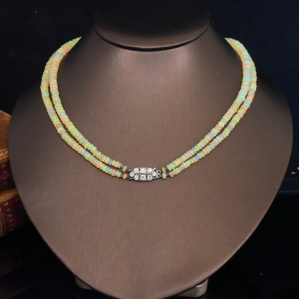 Vintage 18ct Gold And Diamond Ethiopian Opal Two Strand Necklace