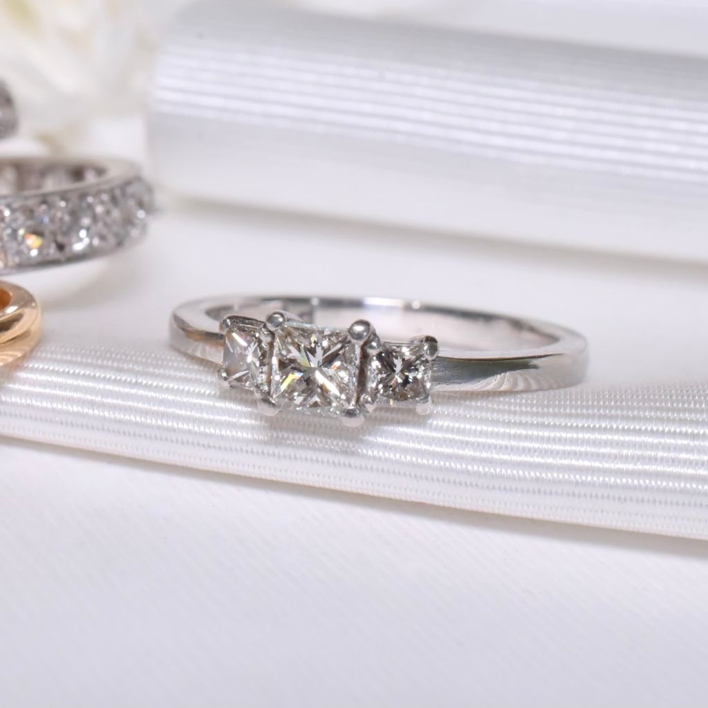 Modern Solid Platinum Princess-Cut Three Diamond Ring 0.63ct