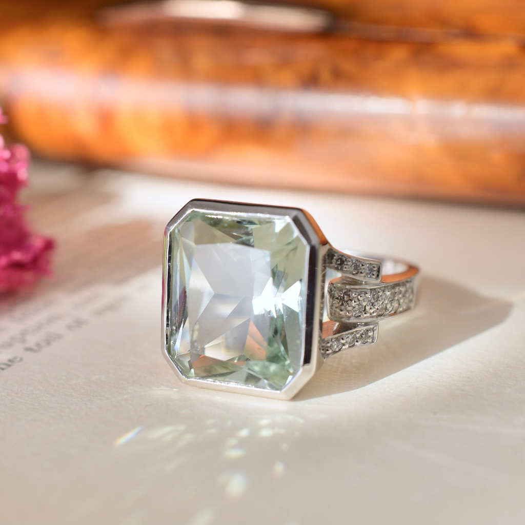 Modern 9ct White Gold Emerald-Cut Prasiolite And Diamond Ring