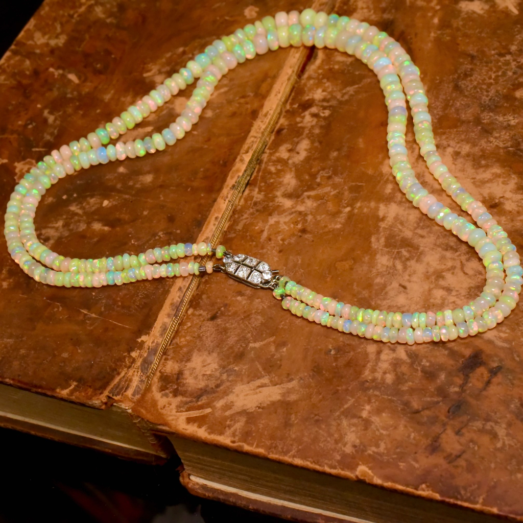 Vintage 18ct Gold And Diamond Ethiopian Opal Two Strand Necklace