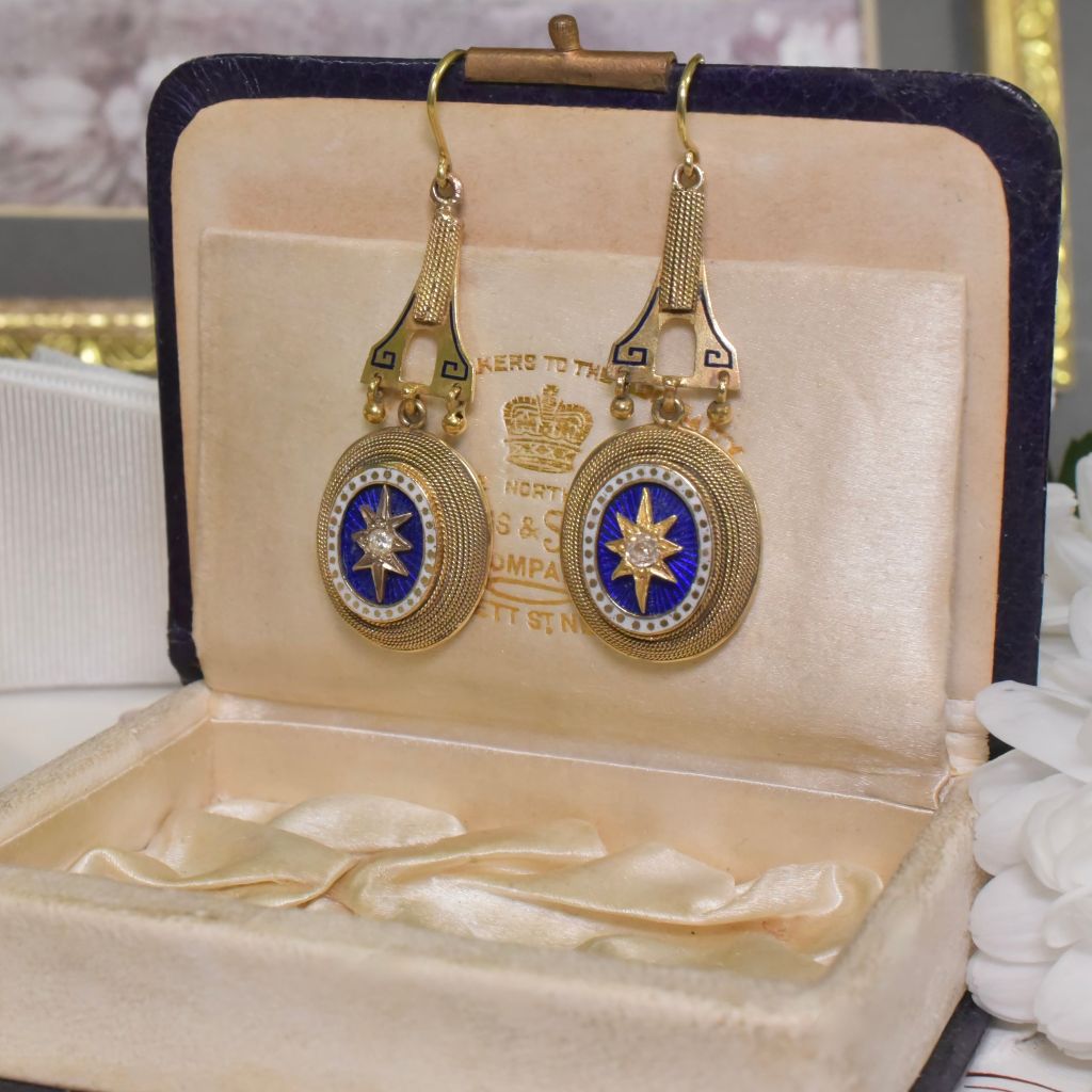 Antique Victorian 15ct Gold Diamond And Enamel Etruscan Revival Earrings Circa 1880’s