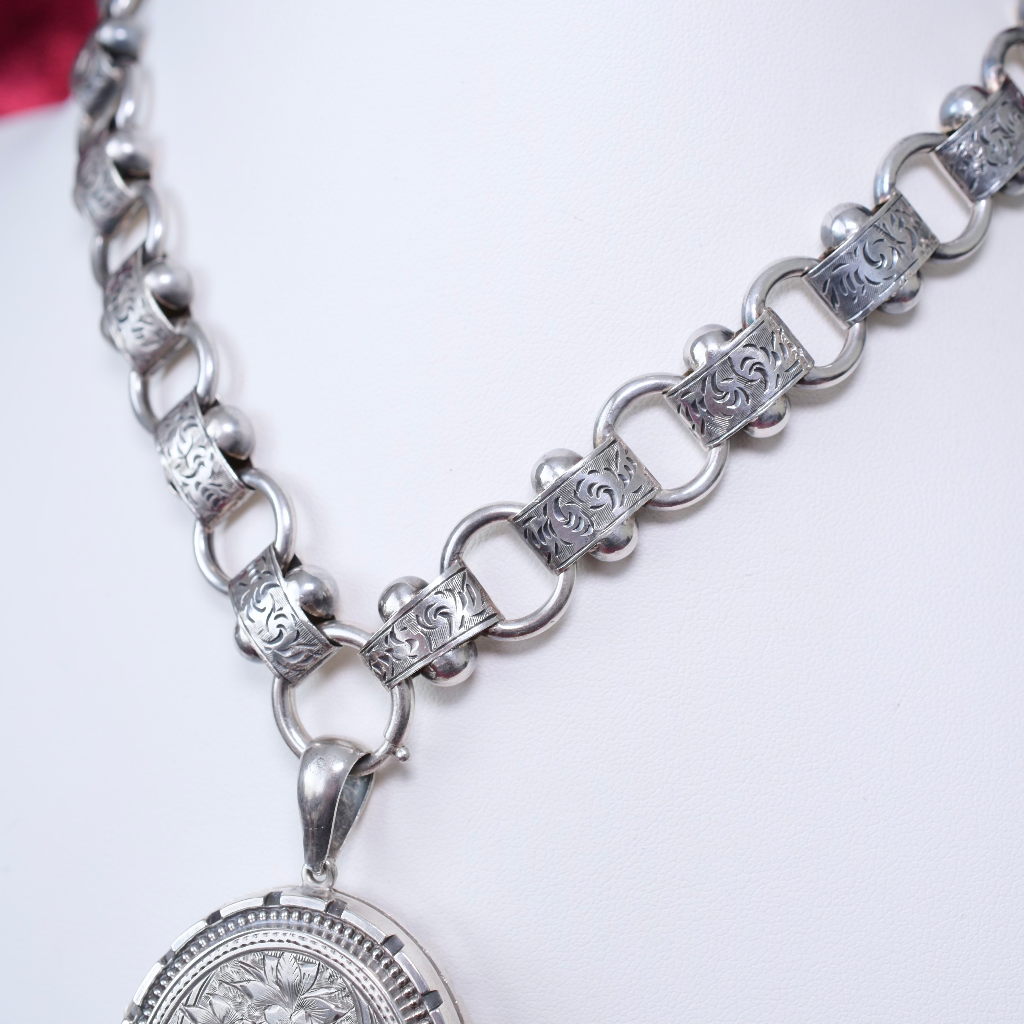Victorian Sterling Silver Locket And Bookchain Collar Circa 1890