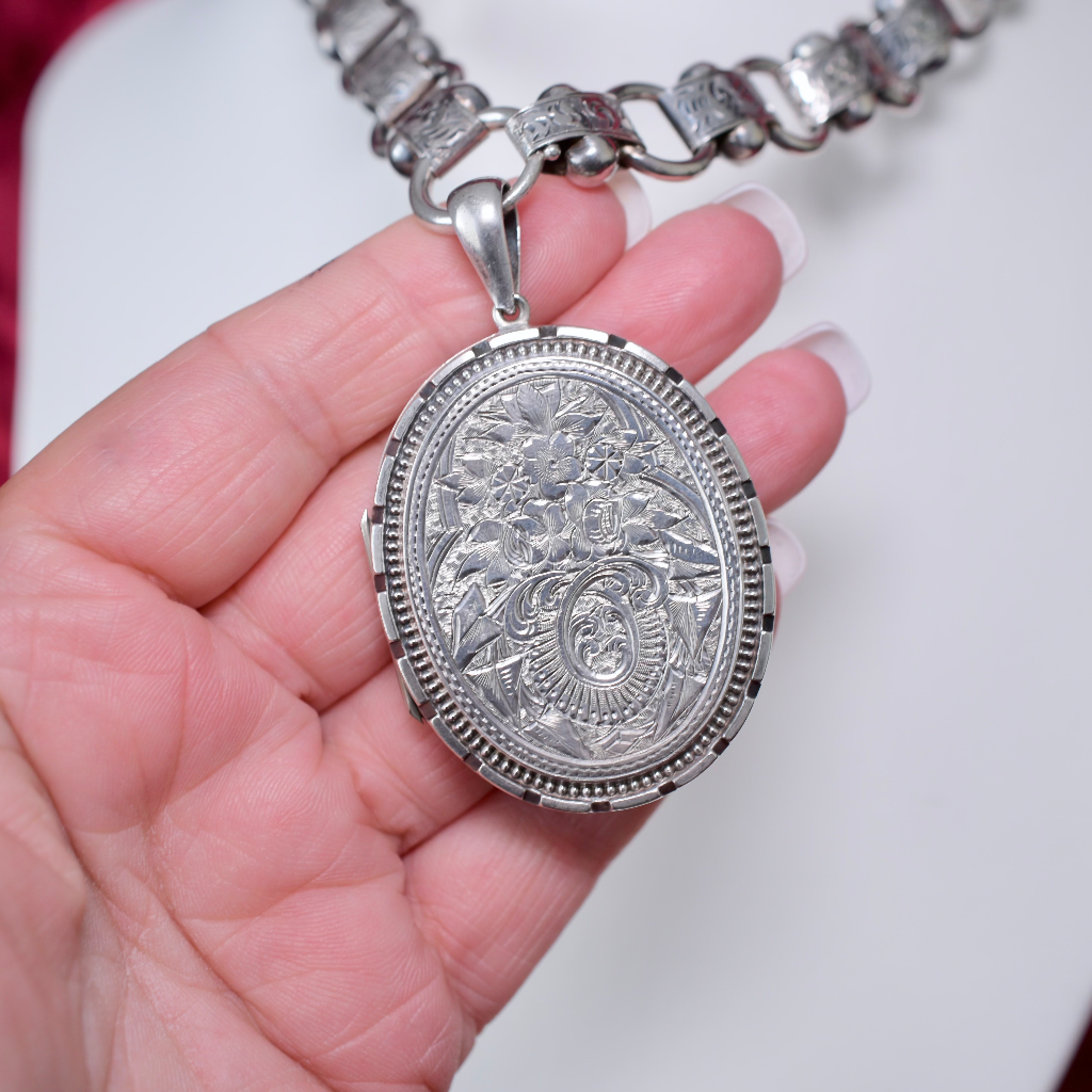 Victorian Sterling Silver Locket And Bookchain Collar Circa 1890