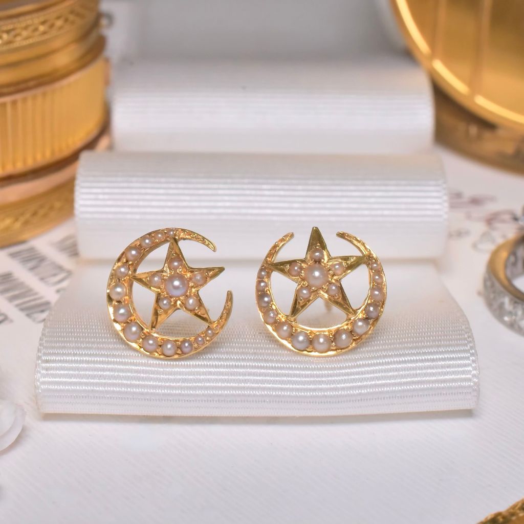 Antique 15ct Yellow Gold ‘Celestial’ Half Pearl Earrings Circa 1890-1900