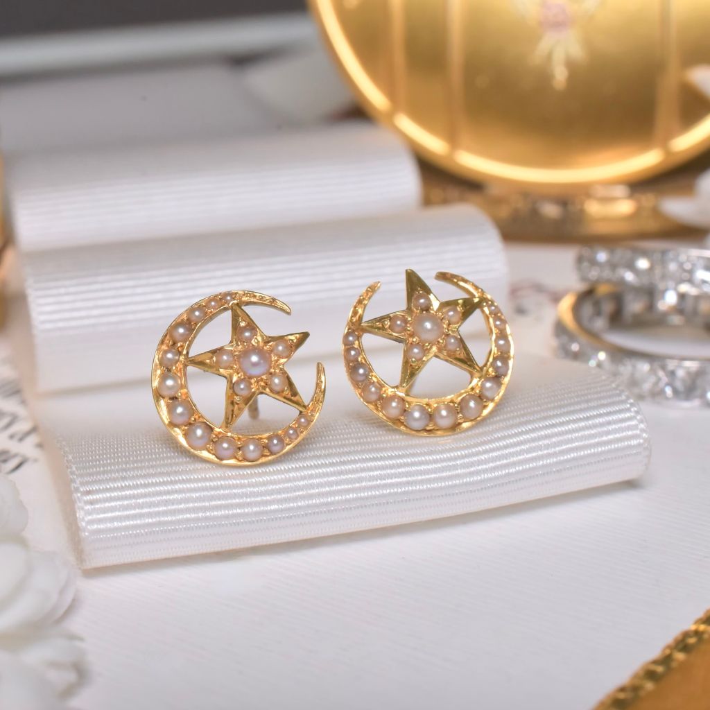 Antique 15ct Yellow Gold ‘Celestial’ Half Pearl Earrings Circa 1890-1900