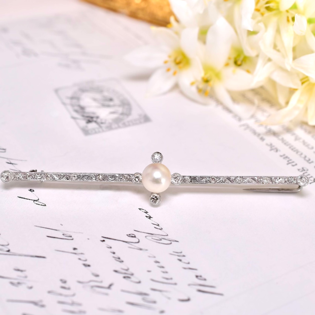 Antique Edwardian 18ct White Gold Pearl And Diamond Bar Brooch Circa 1915