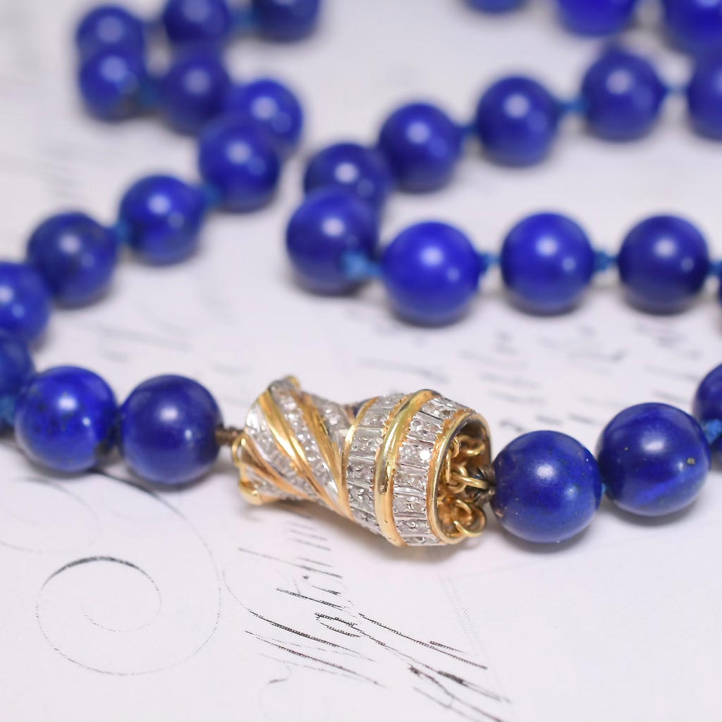 Estate 14ct Gold And Diamond Lapis Lazuli Bead Necklace
